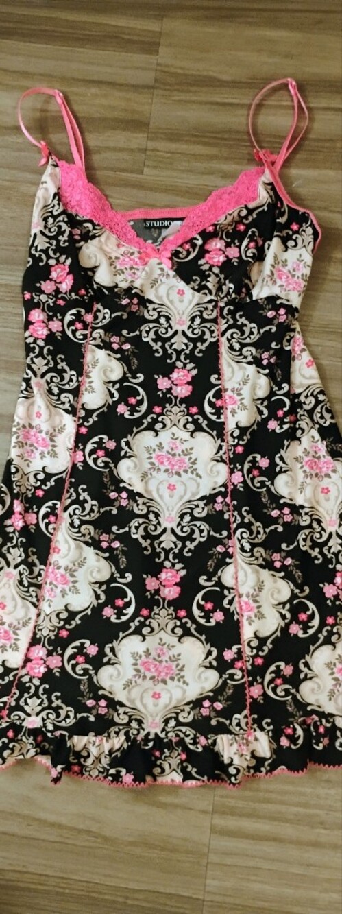 Studio Donatella Black & Pink Floral Lace Slip Dress Chemise Nighty Size Small
